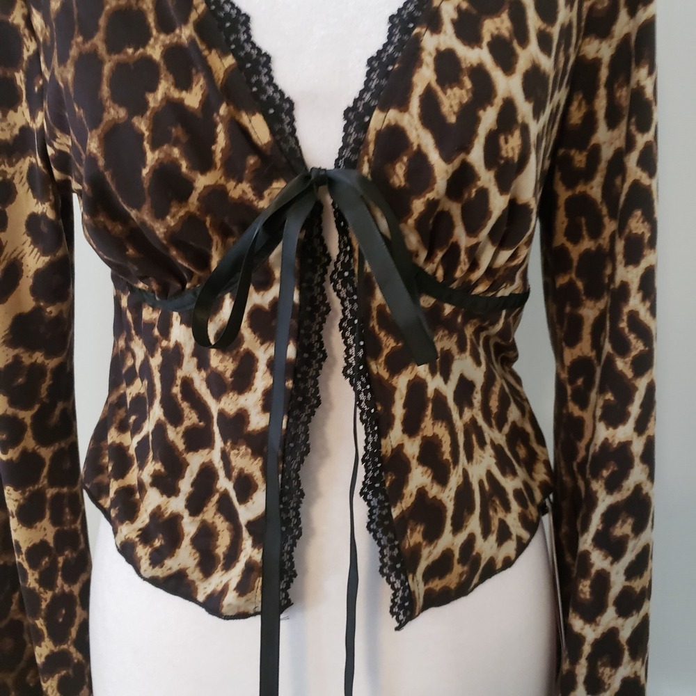 Romwe‎ Leopard Print Cropped Cardigan Boho Top LARGE Y2K Whimsigoth Flare Lace - Picture 2 of 7
